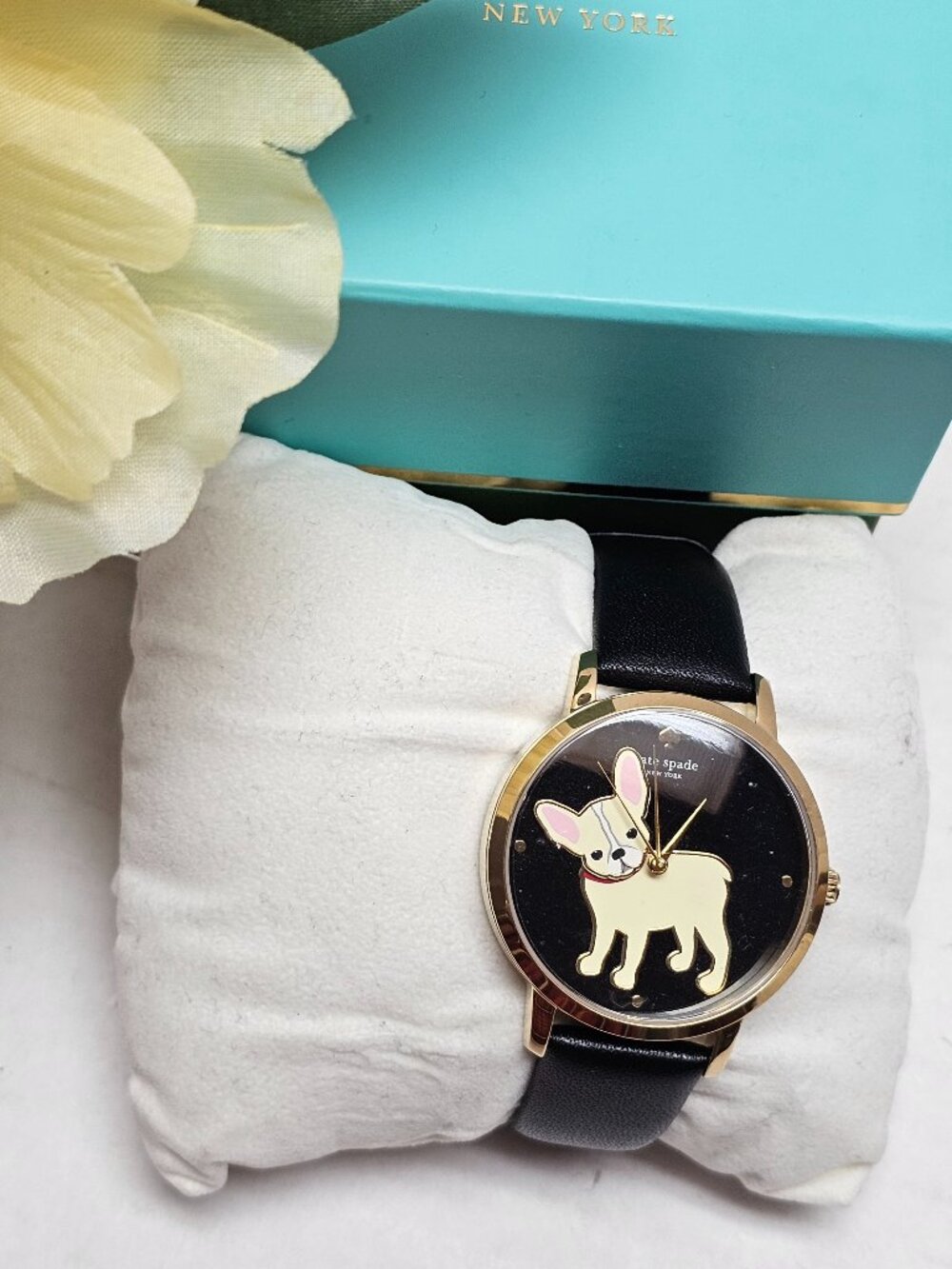New Kate Spade Black Gold Tone Leather Strap Dog French Bulldog Terrier Watch🐶